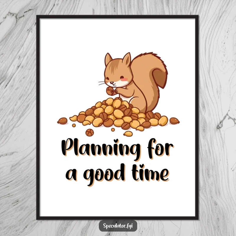 Funny Free Printable Wall Art: Squirrel carefully sorts nuts into perfectly organized piles. Charming downloadable art.