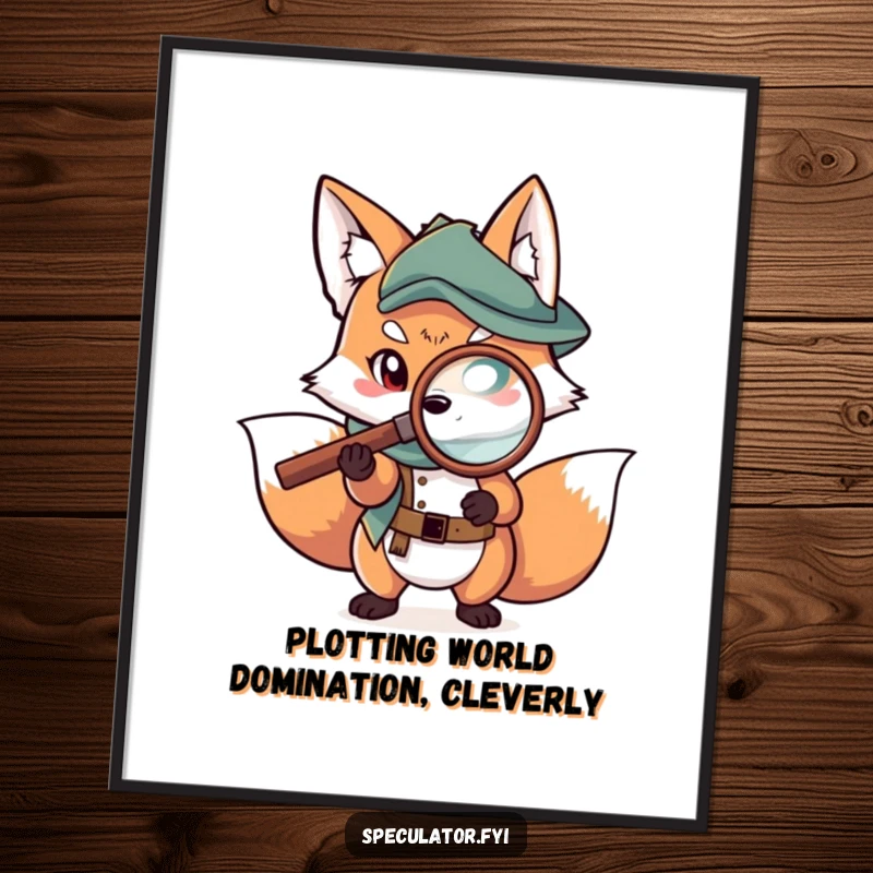 Funny Free Printable Wall Art: A cunning fox character intently studying an old treasure map with a magnifying glass.