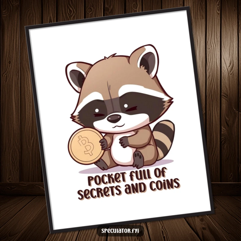 Funny Free Printable Raccoon Wall Art: Shrewd raccoon examines a coin with a sly, knowing grin, adding witty decor.