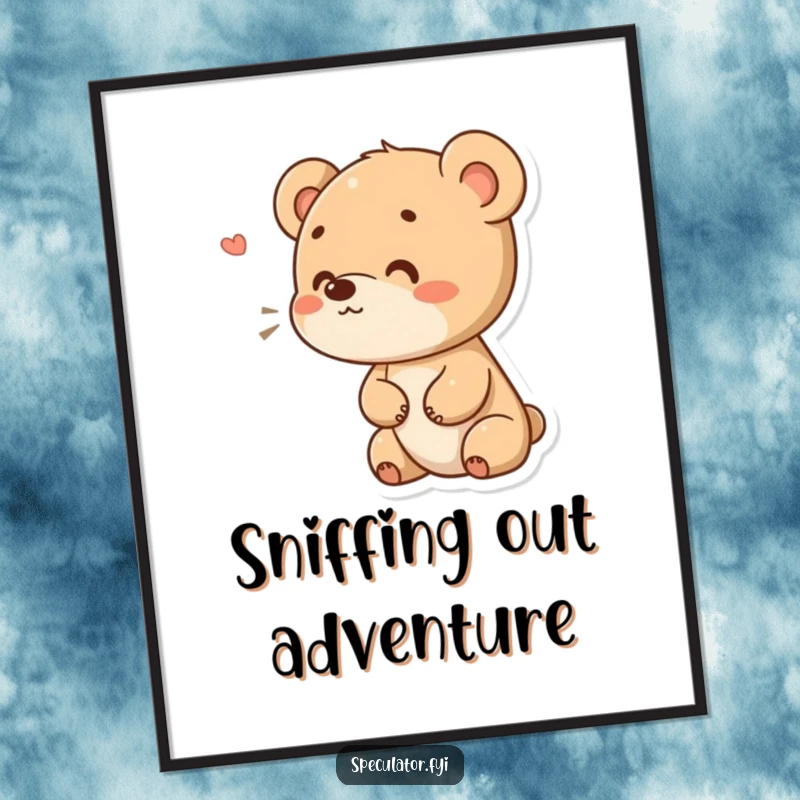Funny Free Printable wall art: A small bear cub character with a curious expression is depicted sniffing the air.