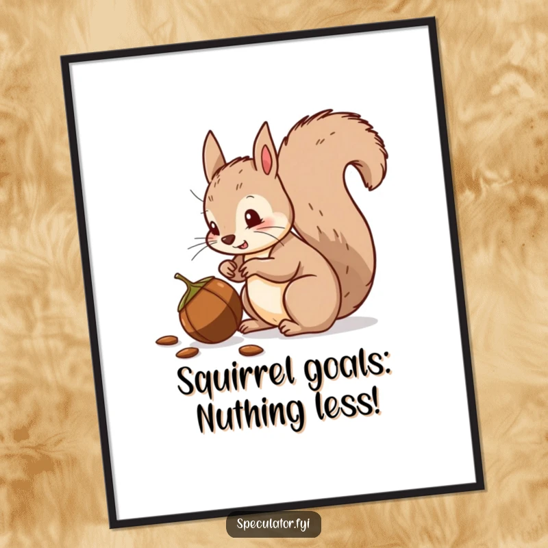 Funny Free Printable Wall Art: A squirrel with a bushy tail wags, suspiciously eyeing a fallen nut, adding humor.