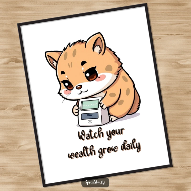 Funny Free Printable Kawaii animal looking determined, intently examining a tiny stock ticker, as humorous wall art.