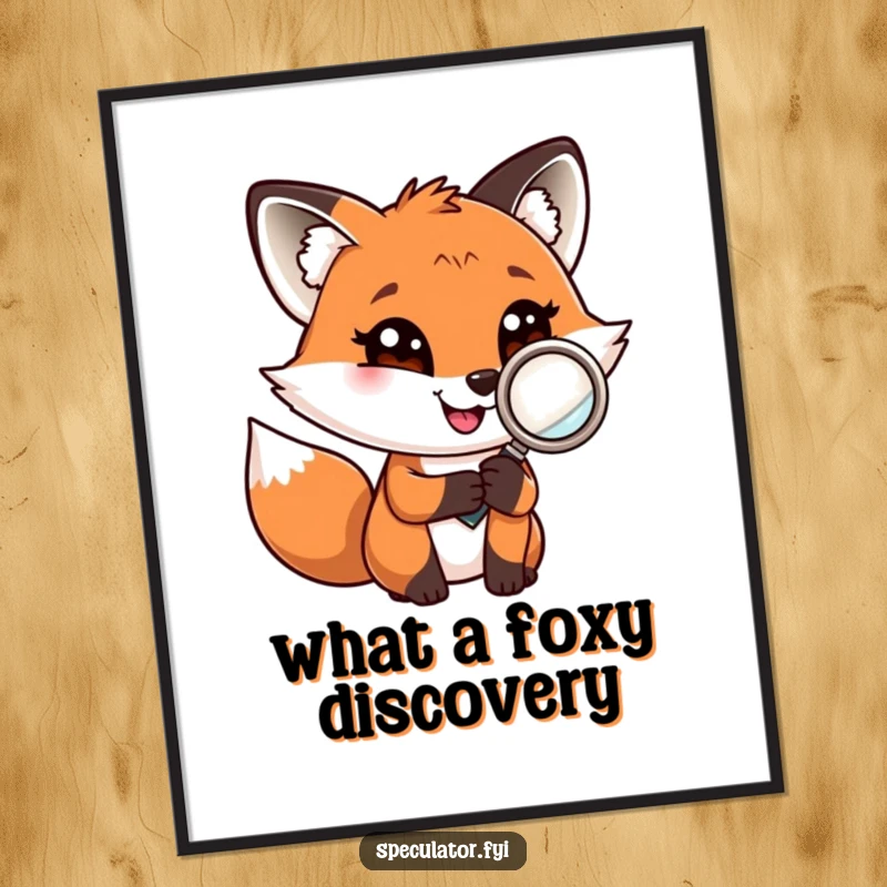 Funny Free Printable Wall Art: A playful fox with a confident grin holds a tiny magnifying glass, curiously inspecting the world.