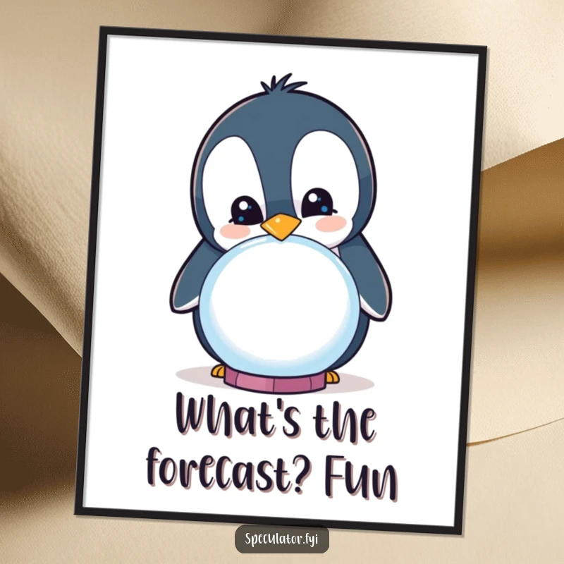 Funny Free Printable Wall Art of a curious penguin smiling while peering into a crystal ball with anticipation.