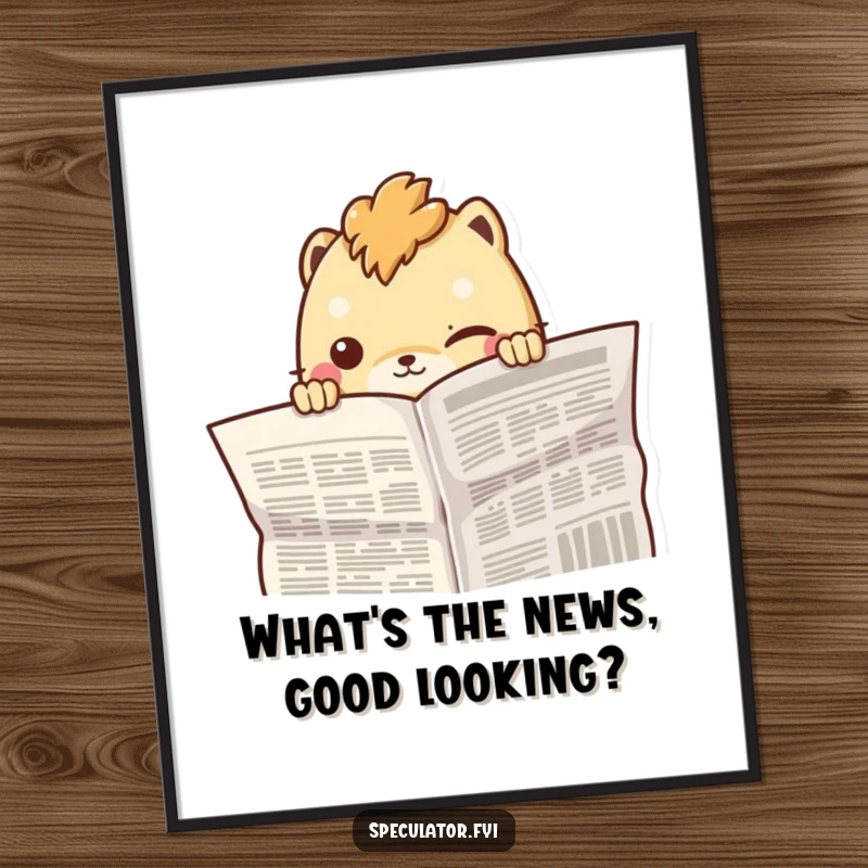 Funny Free Printable creature subtly peeking from behind a newspaper with a knowing smirk as intriguing wall art.