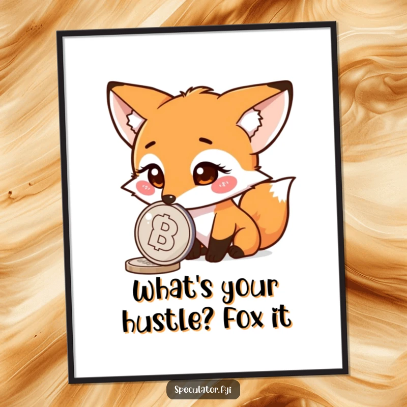 Funny Free Printable Wall Art: A curious fox with alert ears is intently focused on a spinning coin, creating a captivating scene.