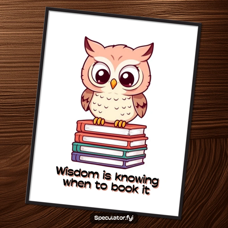 Funny Free Printable Owl Wall Art: Clever owl perched on books calculates, eyes wide, adding intellectual humor.