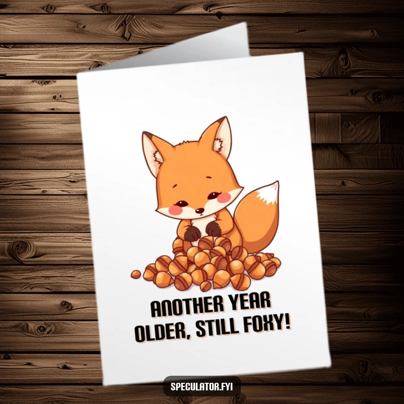 Funny Free Printable Fox Birthday Card: Resourceful fox meticulously counts shiny acorns, wishing you a happy birthday.