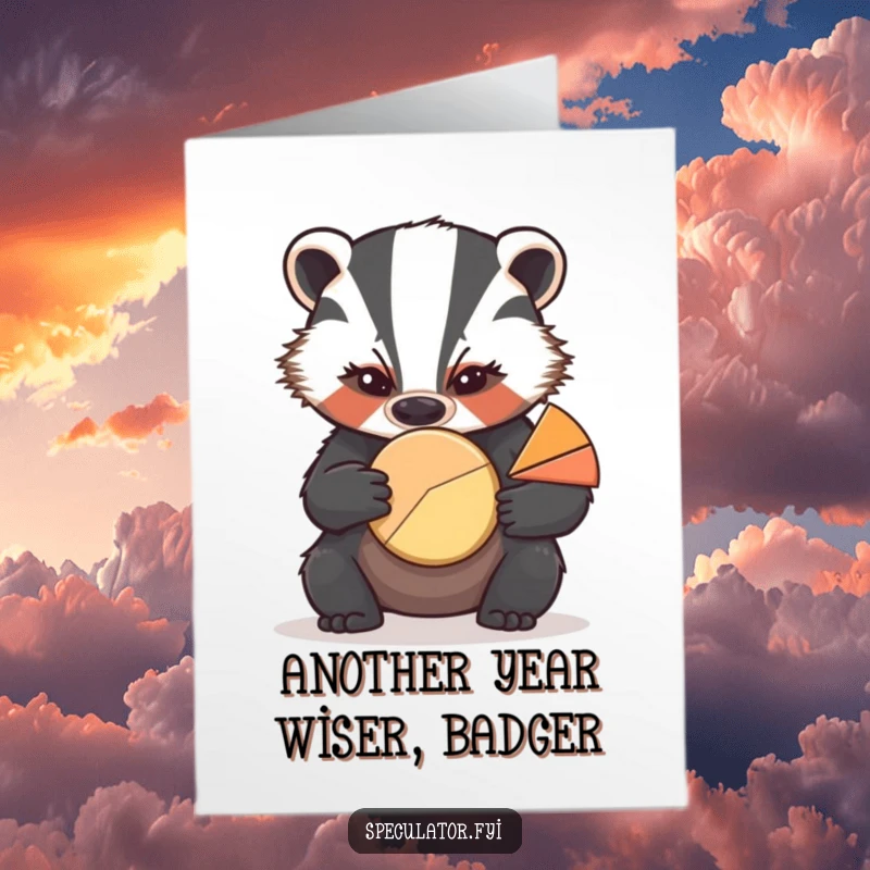Funny free printable birthday card: A determined badger frowns intensely at a pie chart, adding a humorous twist.