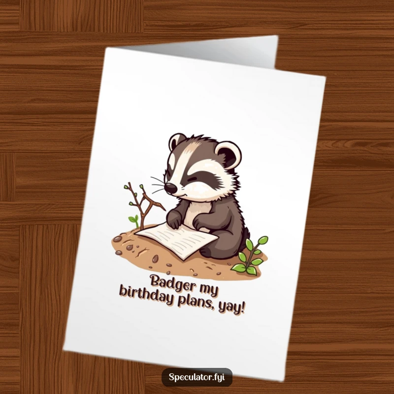 Funny Free Printable Birthday Card: A thoughtful badger character sketches a detailed plan in the dirt with a twig.