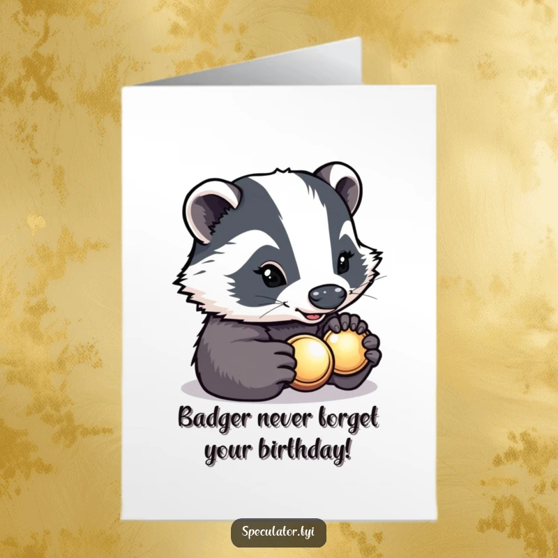 Funny Free Printable Birthday Card: A determined badger smiles brightly while inspecting a shiny button with great focus.