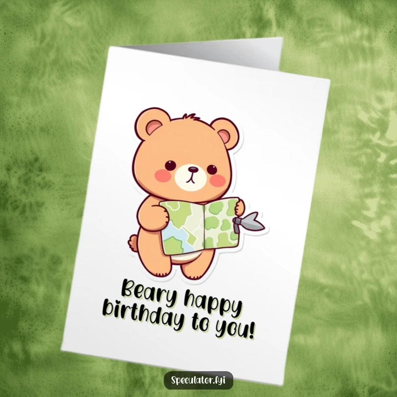 Funny Free Printable Birthday Card featuring a kawaii bear holding a map and pointing enthusiastically in a fun direction.