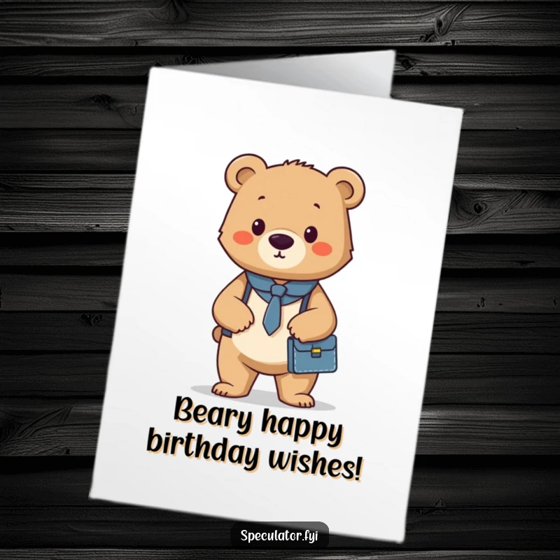 Funny Free Printable Birthday Card: Confident bear cub stands tall with a briefcase, heading into a successful birthday year.