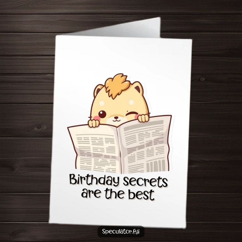 Funny Free Printable creature peeking slyly from behind a newspaper with a knowing smirk on a birthday card.