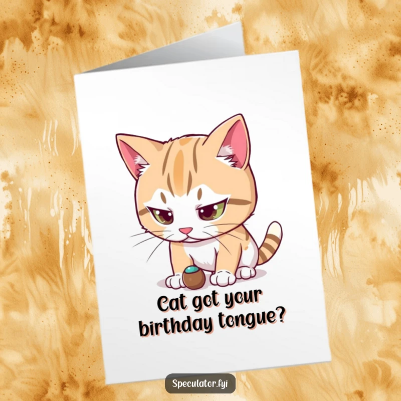 Funny Free Printable Birthday Card: A cat character stares intensely, focused on a tiny moving object, ready to pounce.