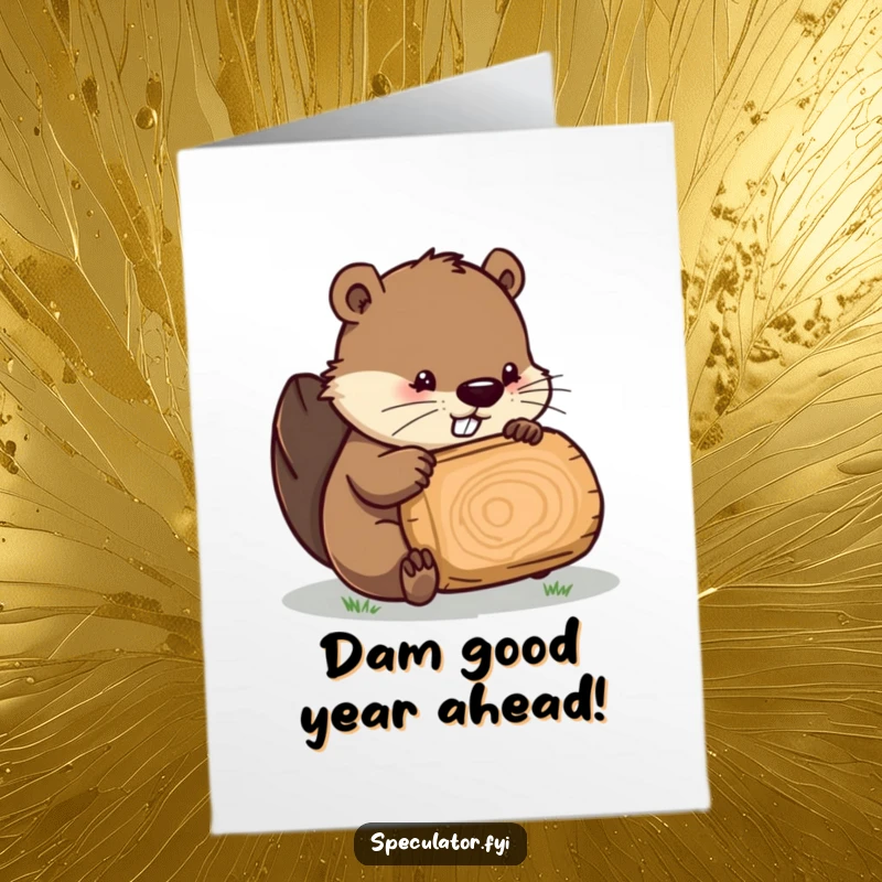 Funny free printable birthday card featuring a resourceful beaver inspecting a log with a determined expression for a DIY gift.