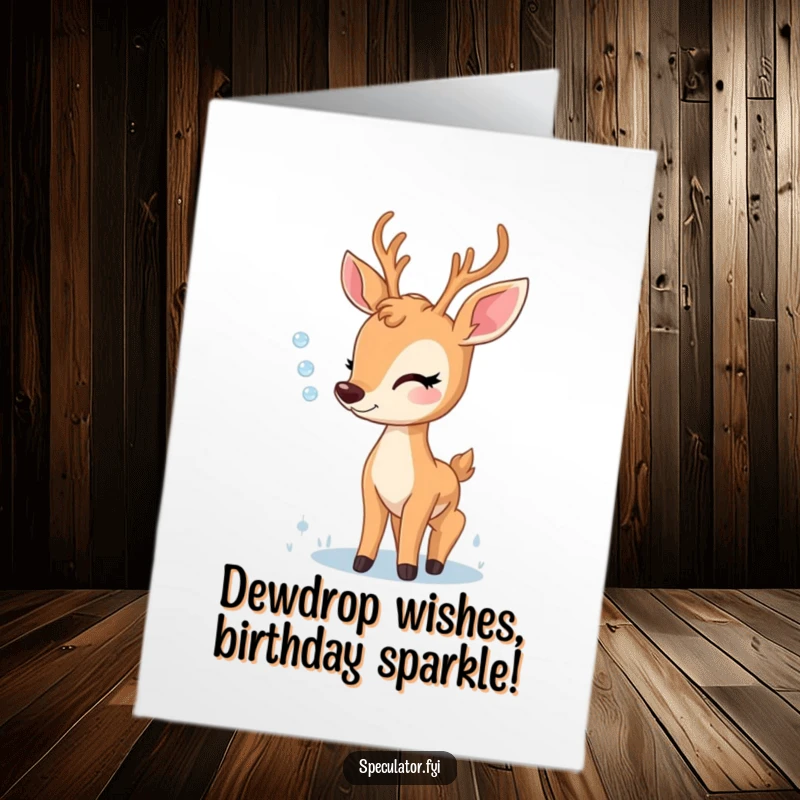 Gentle Free Printable Birthday Card: A delighted deer gazes in awe at a single, shimmering dewdrop.