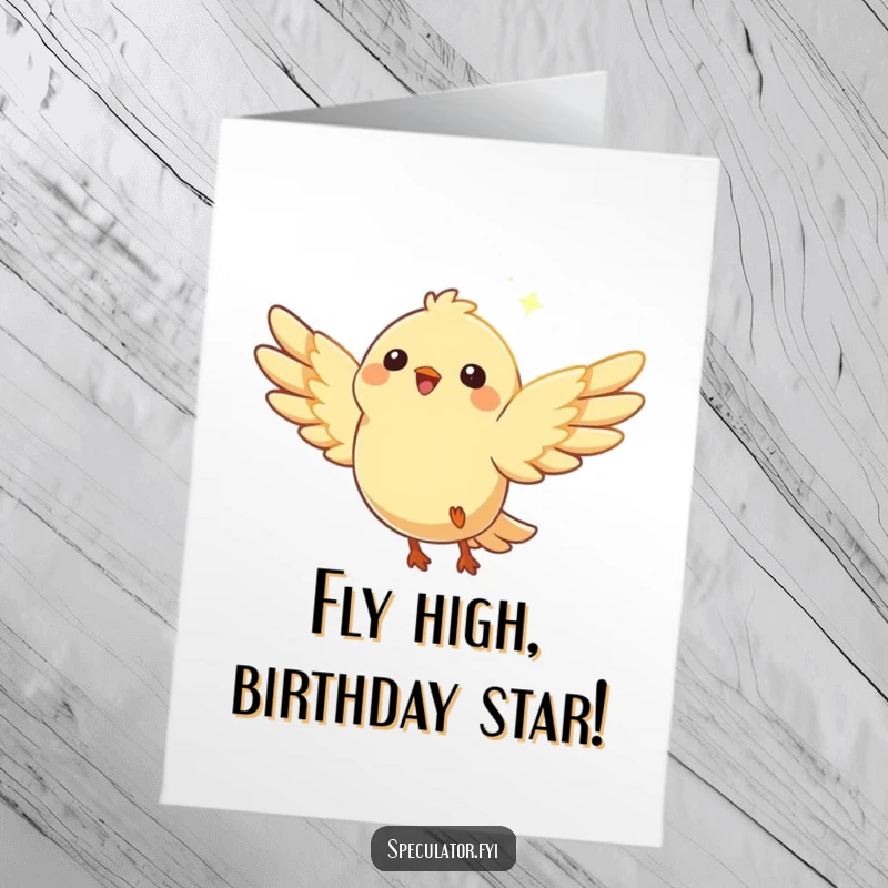 Funny Free Printable Birthday Card: Happy bird with wings spread, joyfully soaring towards a bright, distant glimmer, ready to deliver birthday wishes.