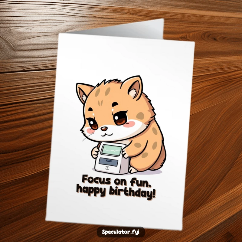 Funny Free Printable Kawaii animal looking determined, examining a stock ticker, ideal for a birthday card.