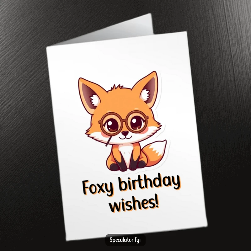 Funny Free Printable Birthday Card: Kawaii fox in a monocle intently examining a coin, a distinguished downloadable.