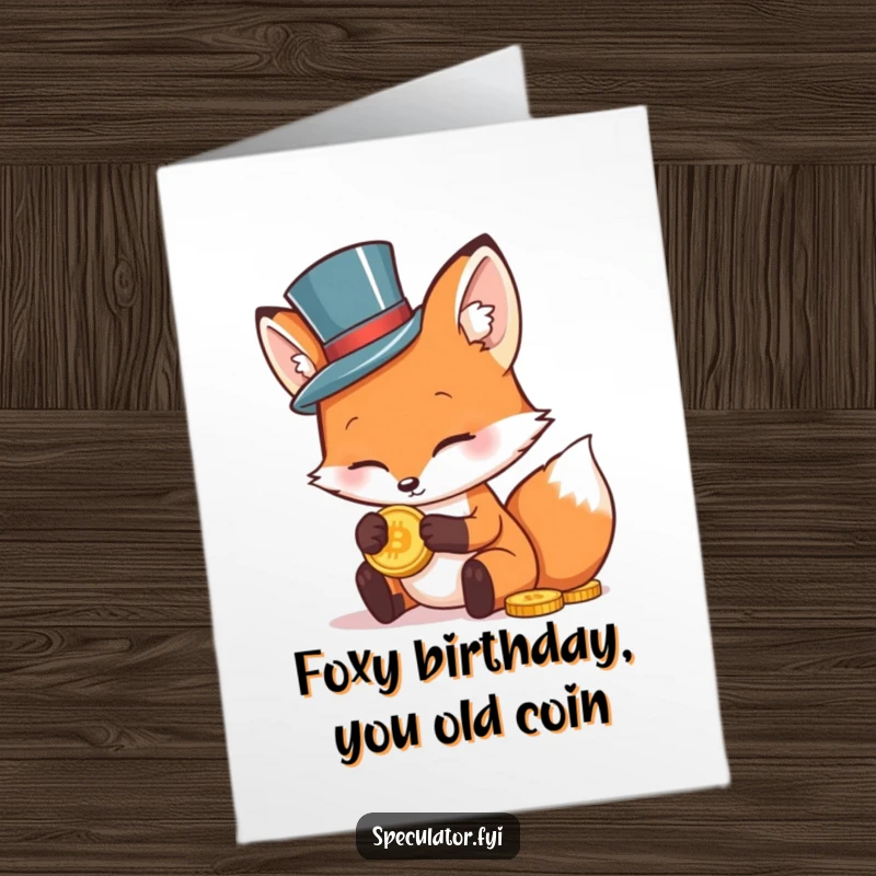 Funny Free Printable Birthday Card: Dapper fox in top hat examines gold coin, exclaiming 'Mine!'. Hilarious downloadable greeting.