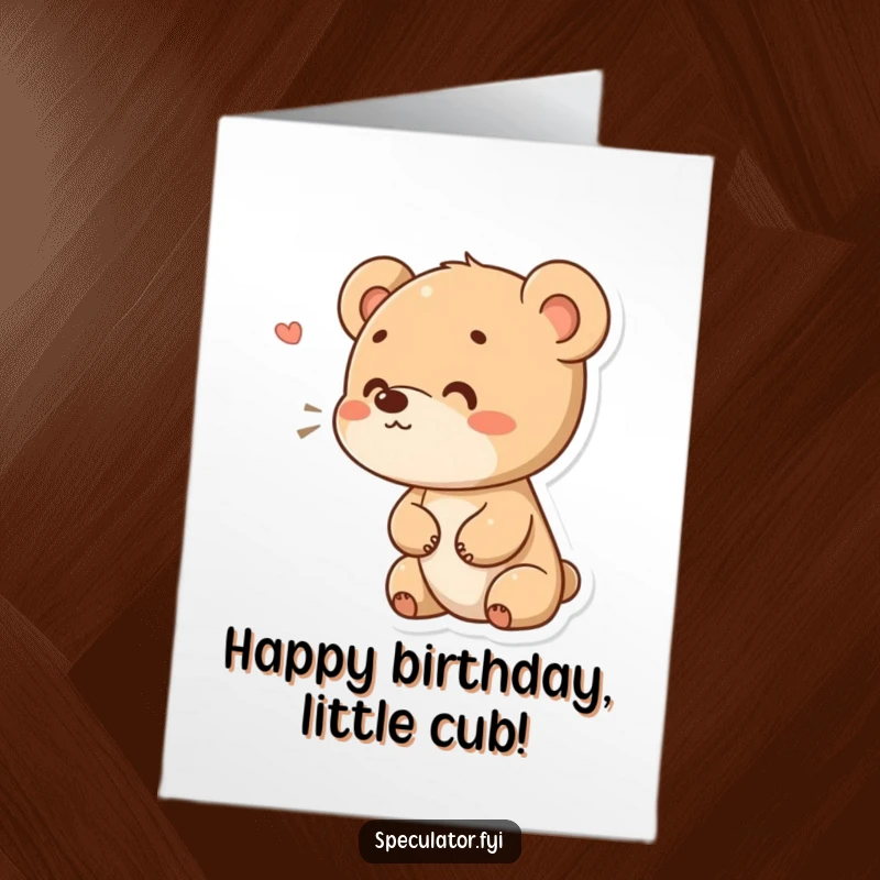 Funny Free Printable birthday card: A small bear cub with a curious expression is playfully sniffing the air, exploring.