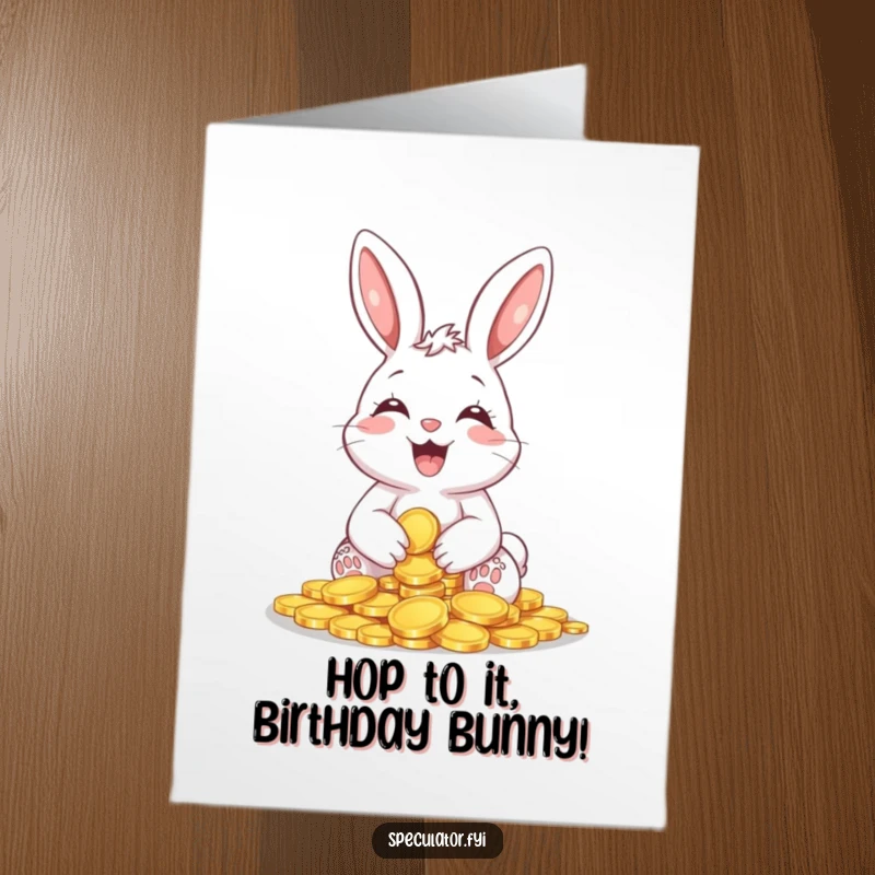 Funny Free Printable Birthday Card: A giggling bunny holding a pile of shiny coins, wishing a birthday full of luck and riches.