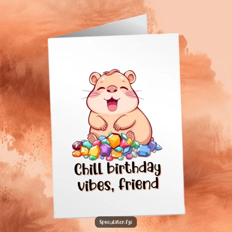 Funny Free Printable Birthday Card: A joyous capybara character lounging peacefully next to a sparkling pile of colorful jewels.