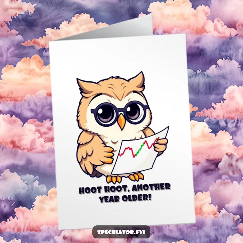 Funny Free Printable Birthday Card featuring a curious owl in a monocle intently studying a stock chart, wishing a happy birthday.