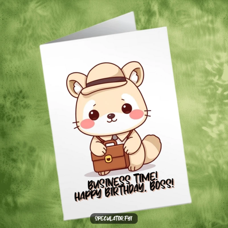 Funny Free Printable Birthday Card: Kawaii animal in a bowler hat with a briefcase, a humorous birthday card for professionals.
