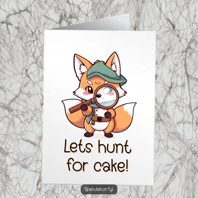 Funny Free Printable Birthday Card: A scheming fox character intensely examining a treasure map with a magnifying glass.