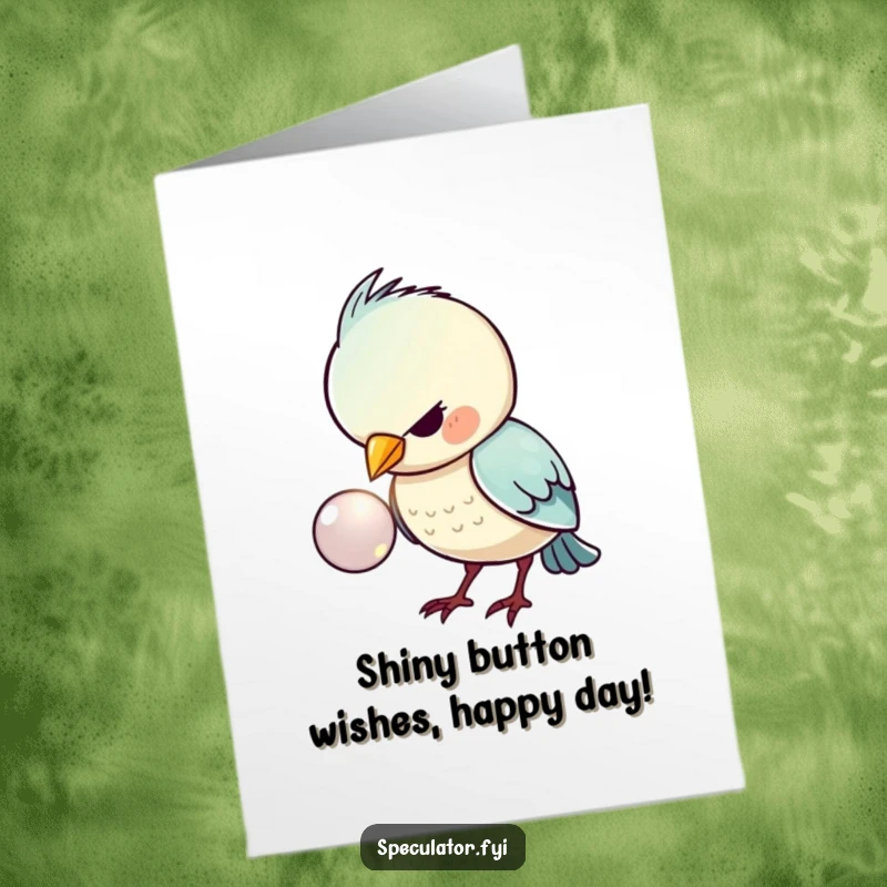 Funny Free Printable Birthday Card: Kawaii bird intently examining a shiny button, a humorous and cute downloadable greeting.