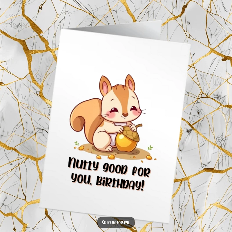 Funny Free Printable Birthday Card: Busy squirrel character humorously burying a shiny gold acorn, adding a touch of fun.