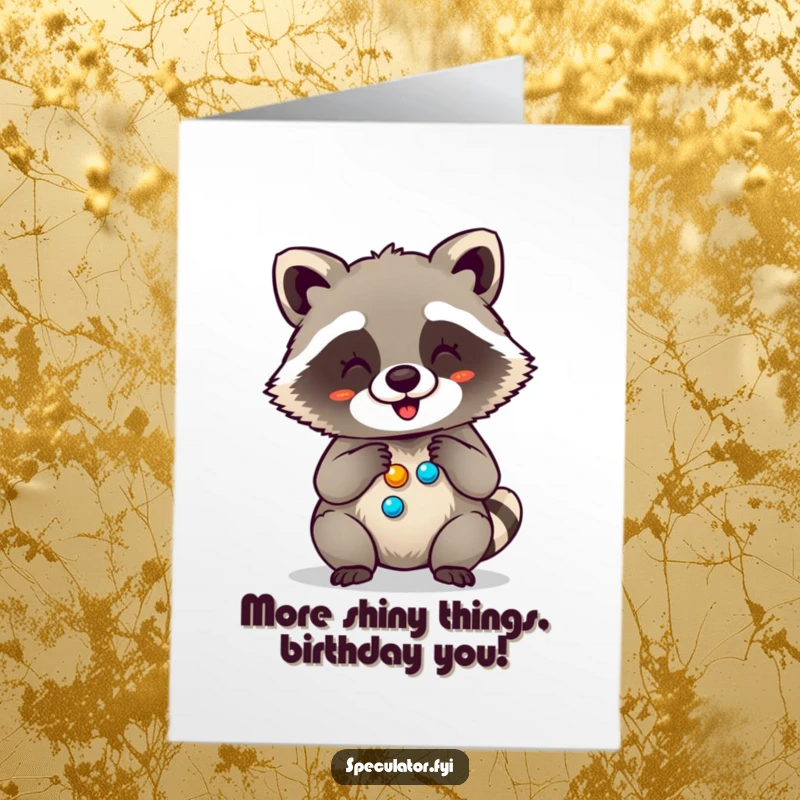 Funny Free Printable Birthday Card: Giggling raccoon gleefully counting a pile of shiny buttons, ready to celebrate.