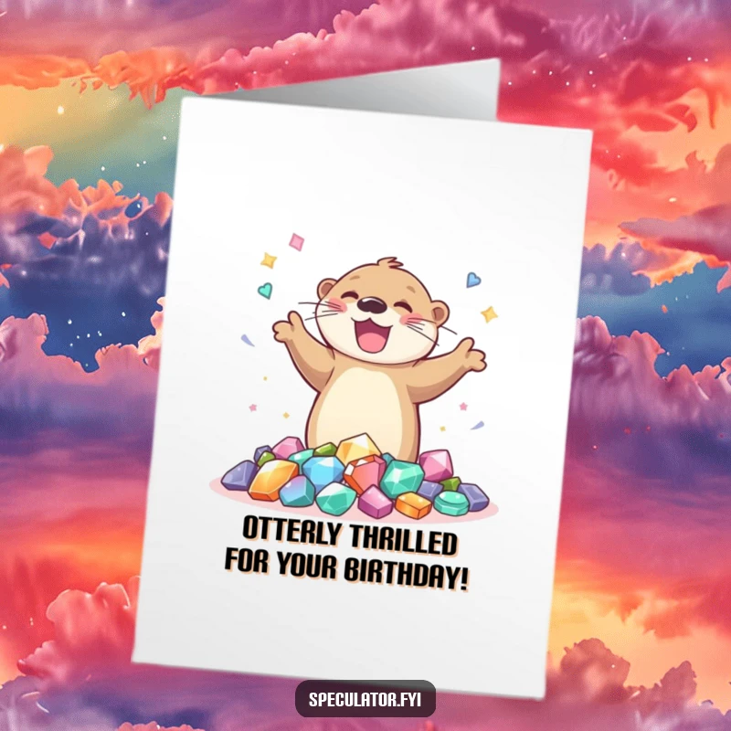 Funny Free Printable Birthday Card: Joyful otter doing a happy dance around a pile of sparkling gems, celebrating a birthday.
