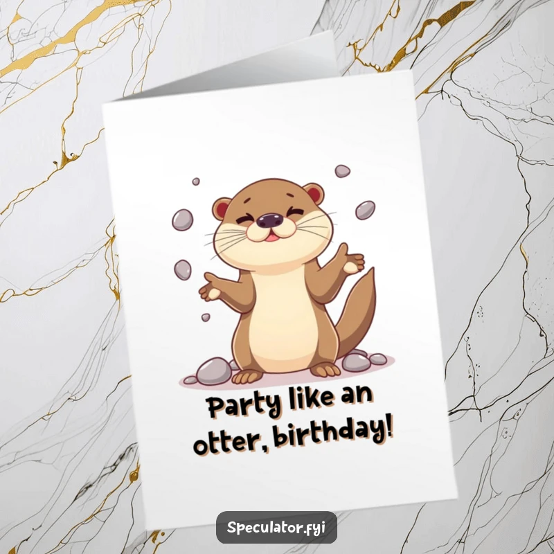 Funny Free Printable Birthday Card: A playful otter character juggles shiny pebbles with remarkable skill and a happy grin.