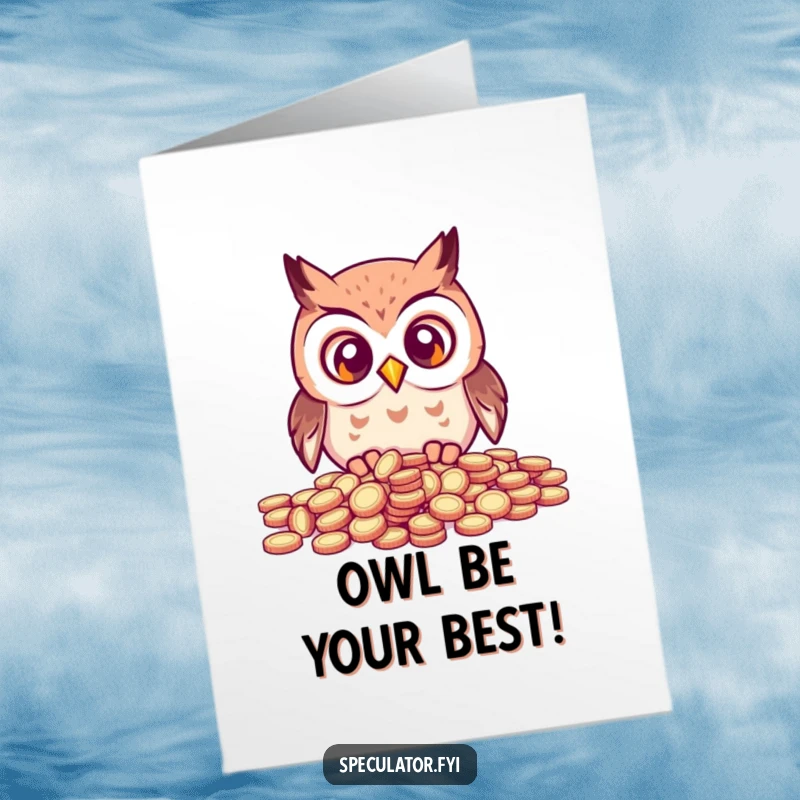 Funny Free Printable Birthday Card: Kawaii owl wide-eyed at scattered coins, a treasure-filled downloadable.