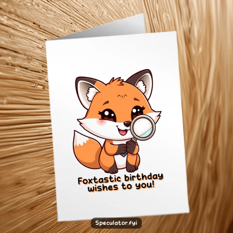 Funny Free Printable Birthday Card featuring a playful fox with a confident grin holding a magnifying glass, looking for birthday fun.
