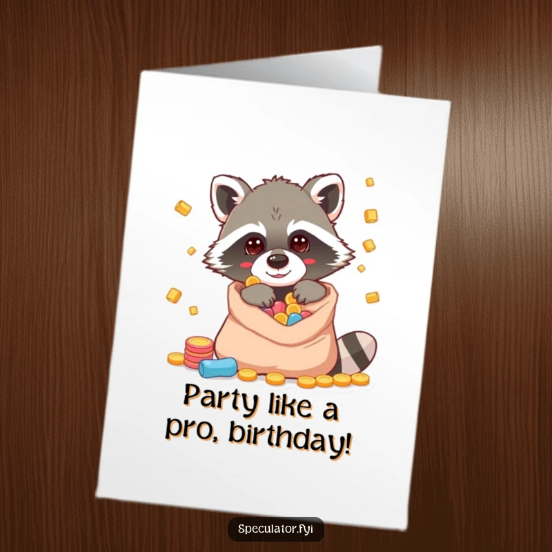 Funny Free Printable Birthday Card: A clever raccoon character peeking into a bag overflowing with gold coins and jewels.