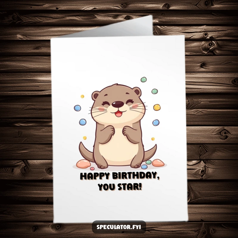 Funny Free Printable Birthday Card: A cheerful otter expertly juggles shiny pebbles, spreading birthday joy and laughter.