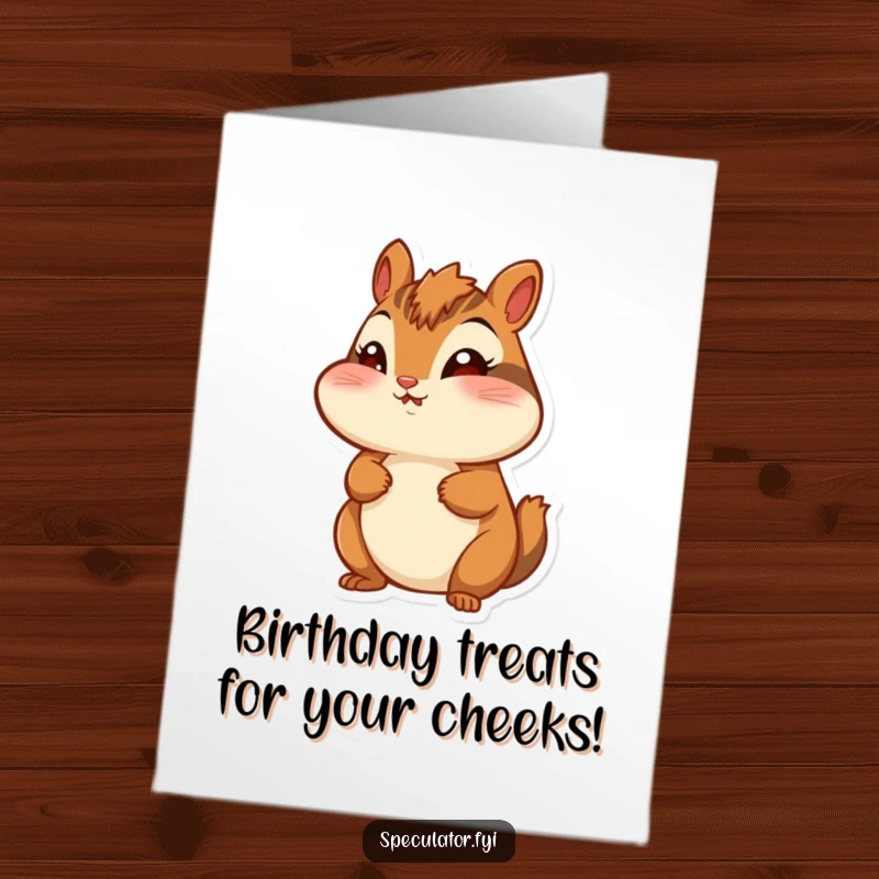 Funny Free Printable Birthday Card: A cheerful chipmunk with puffed cheeks looks around with wide-eyed wonder for birthday fun.