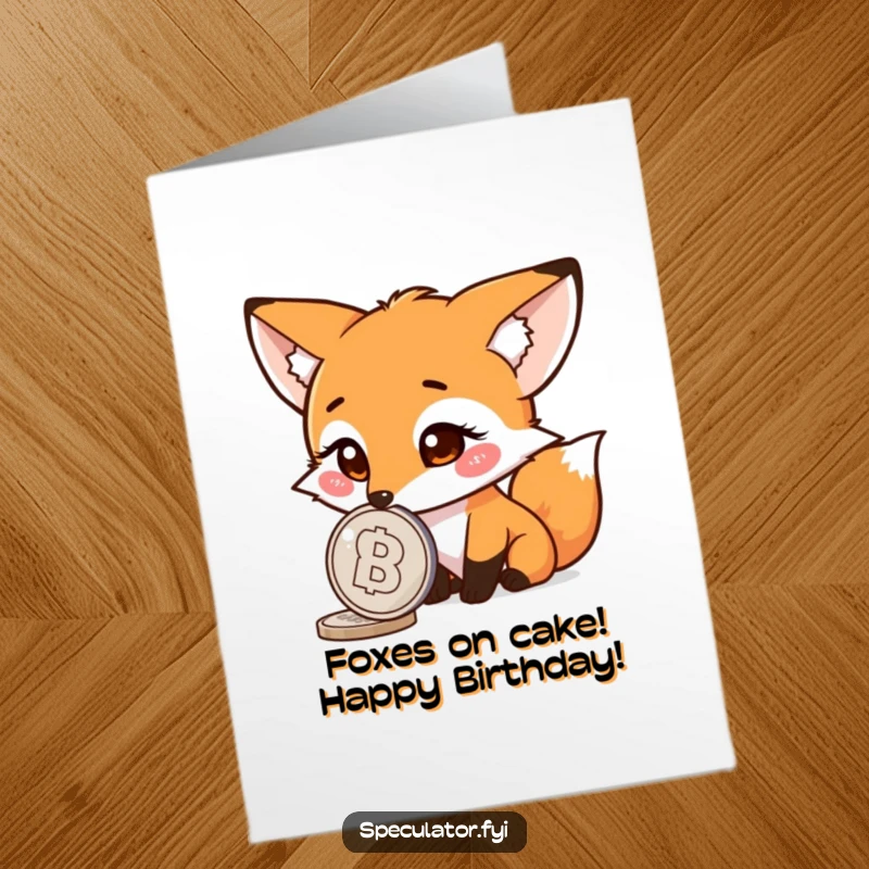 Funny Free Printable Birthday Card: A curious fox with perked ears intently watches a spinning coin, adding a playful wish.