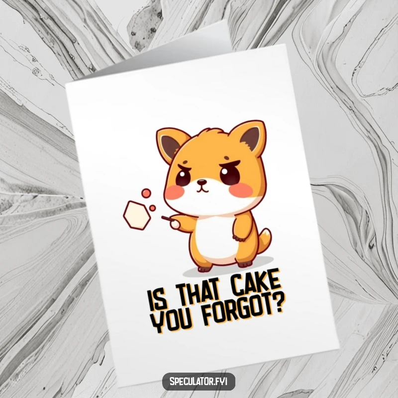 Funny Free Printable Birthday Card: Confused Kawaii animal questioning a distant blob, great for humor lovers.