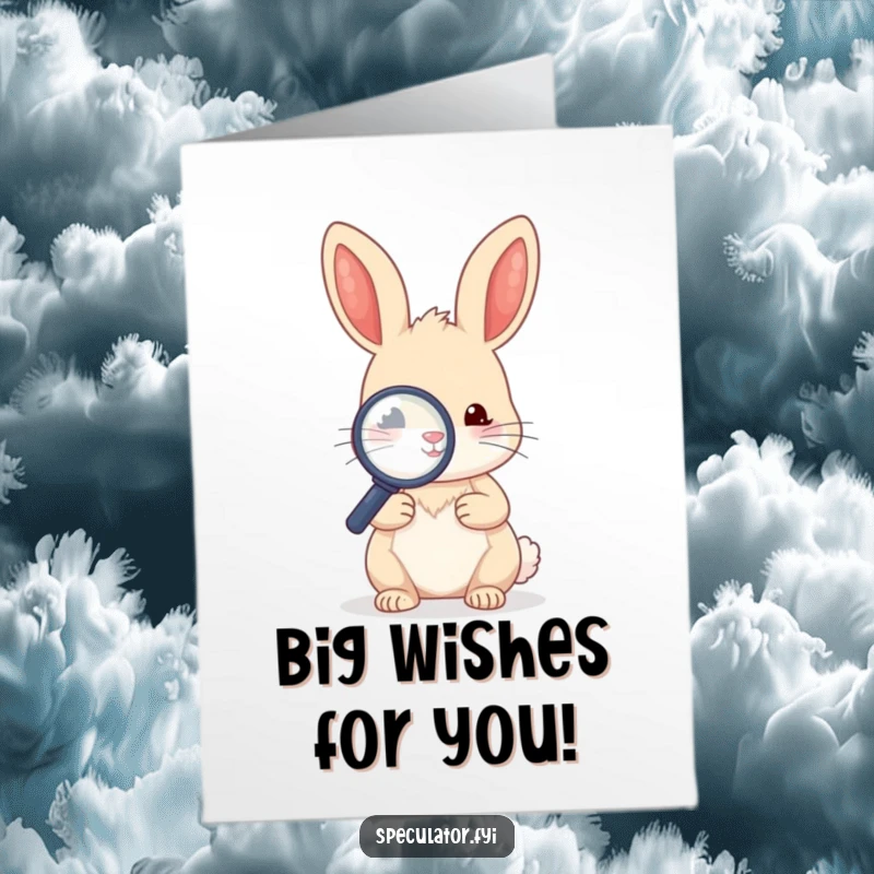 Funny Free Printable Birthday Card: A kawaii rabbit peering intently through a magnifying glass at a tiny object, a curious birthday.
