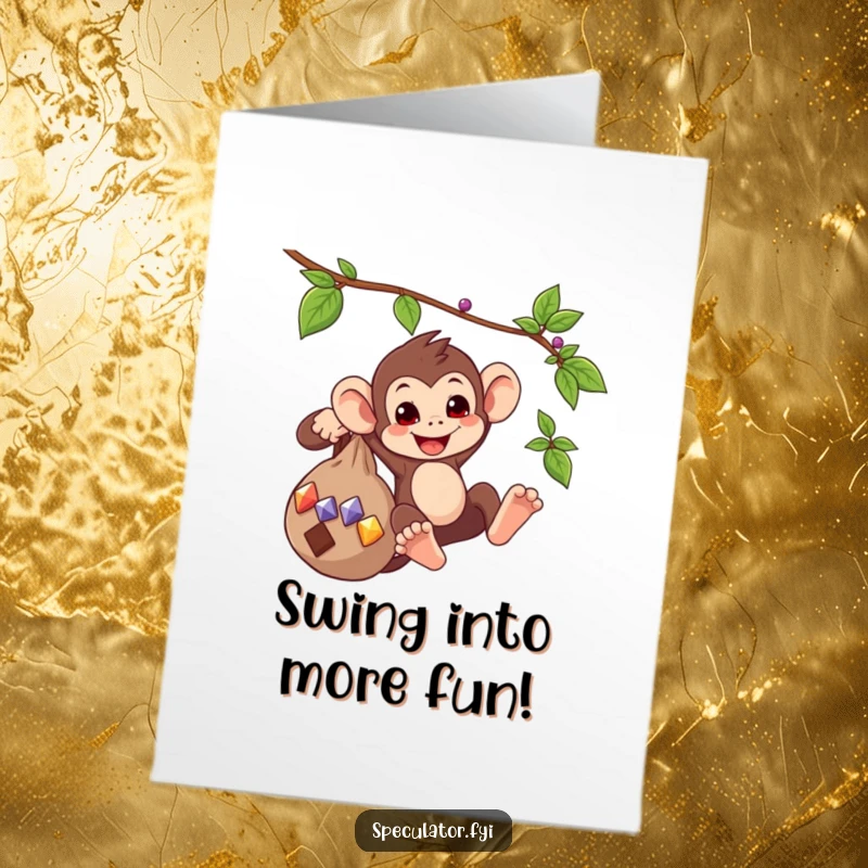 Funny Free Printable Birthday Card: Playful monkey swings from vine with bag bursting with colorful gems. Humorous downloadable greeting.