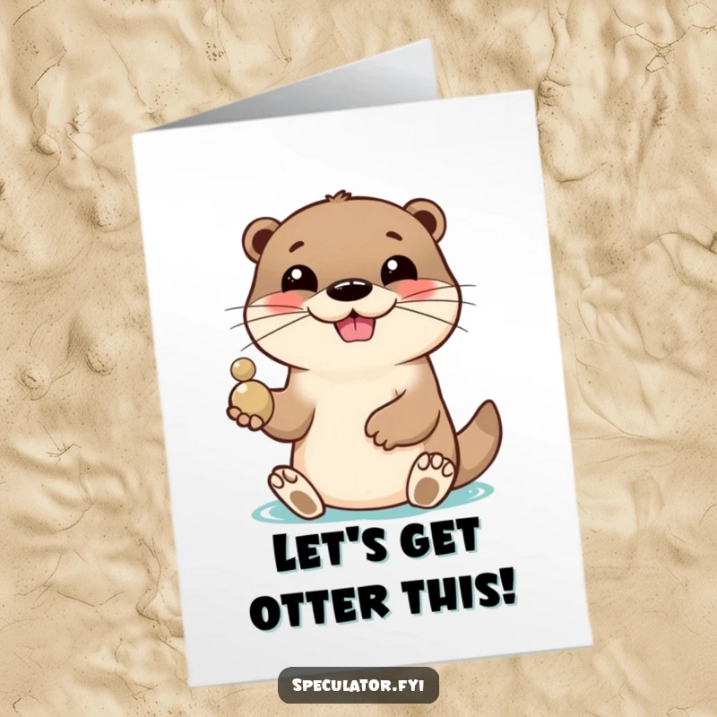 Funny Free Printable birthday card featuring a lively otter character with a playful grin, tossing a shiny pebble with joy.