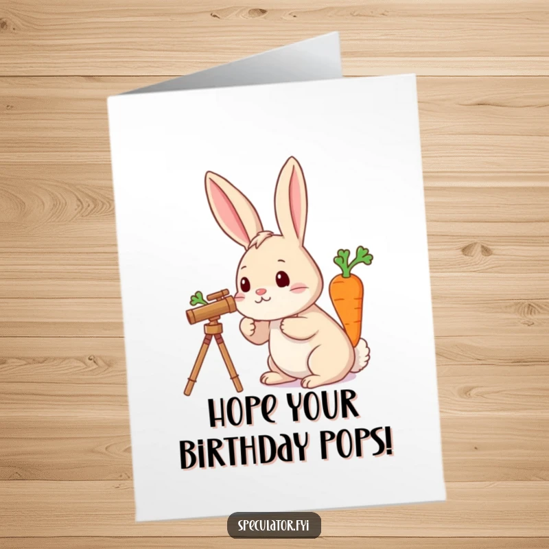 Funny Free Printable Birthday Card: Curious rabbit peers through telescope, spotting a giant carrot. Humorous downloadable greeting.