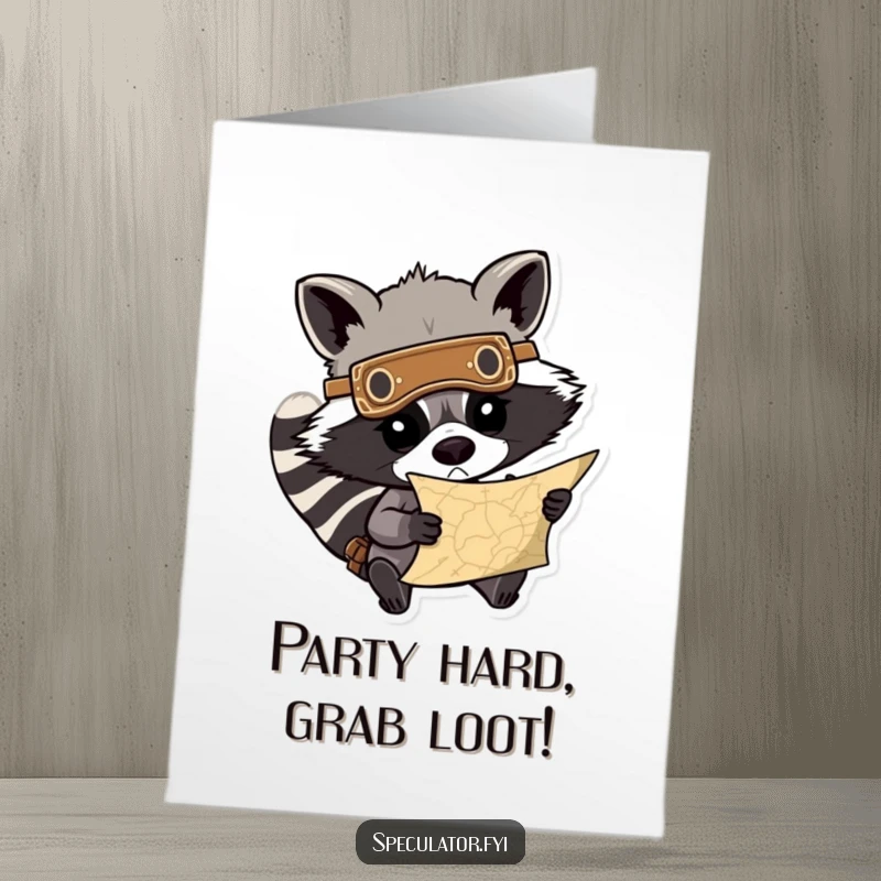 Funny Free Printable birthday card: A determined raccoon wearing a mask intently studies a treasure map, ready for adventure.