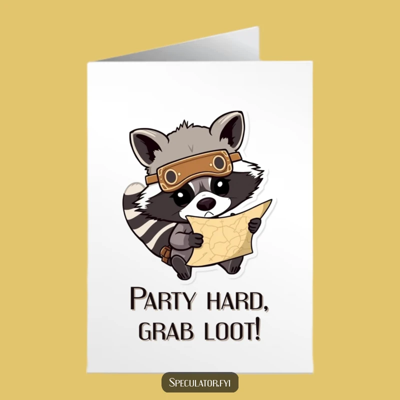 Free Printable Raccoon Birthday Card: Funny Treasure Map Hunter Digital Download