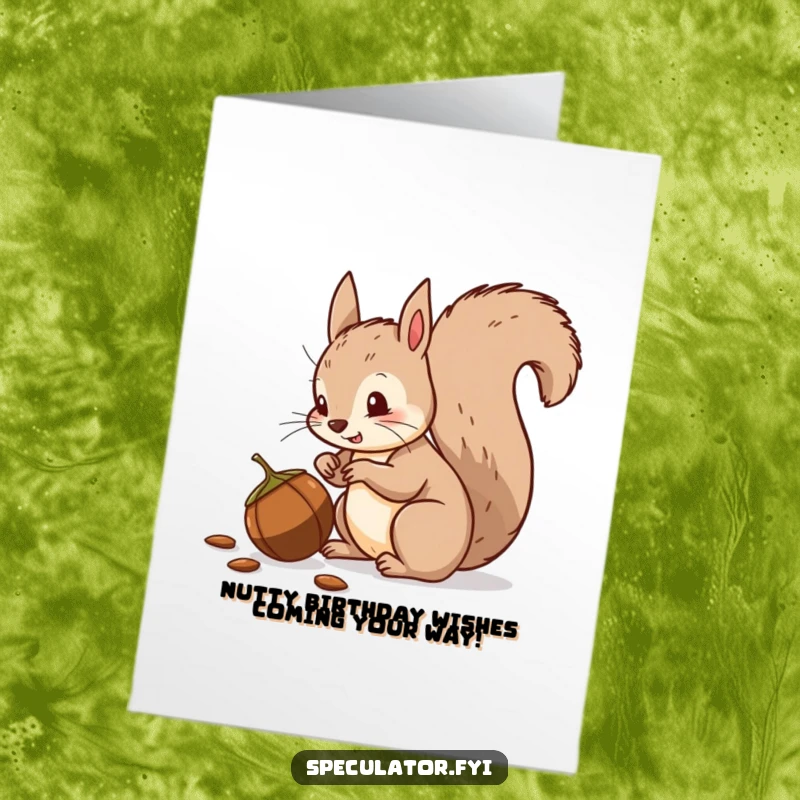 Funny Free Printable Birthday Card: A squirrel with a wagging tail eyes a fallen nut suspiciously, ready for a birthday surprise.